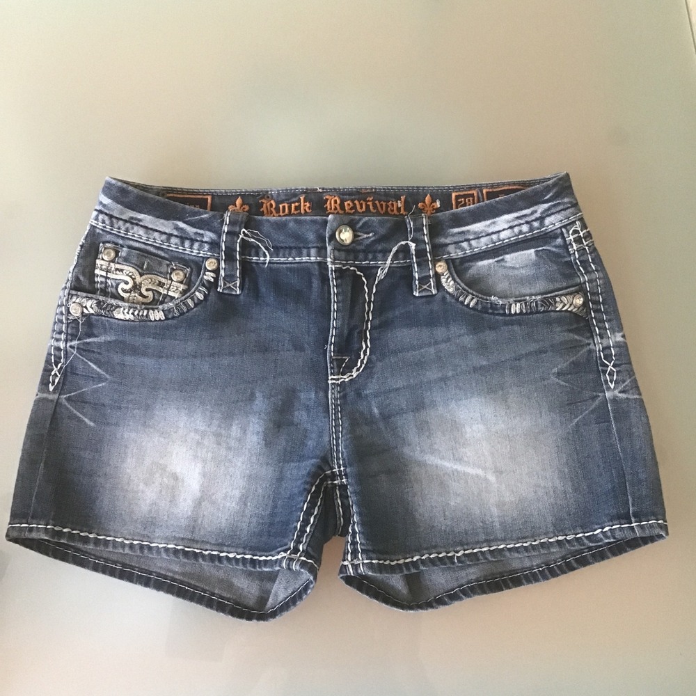 Rock Revival Shaina Easyβ Short 28 Blue Denim Embroidered Flap Pocket Shorts Y2K